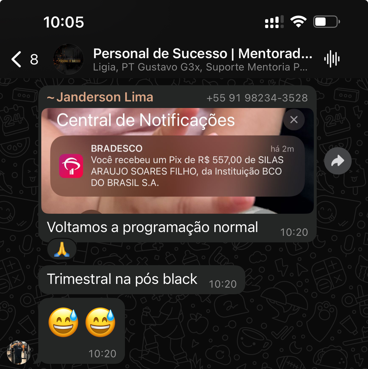Print de notificação de Pix recebido de R$ 557,00