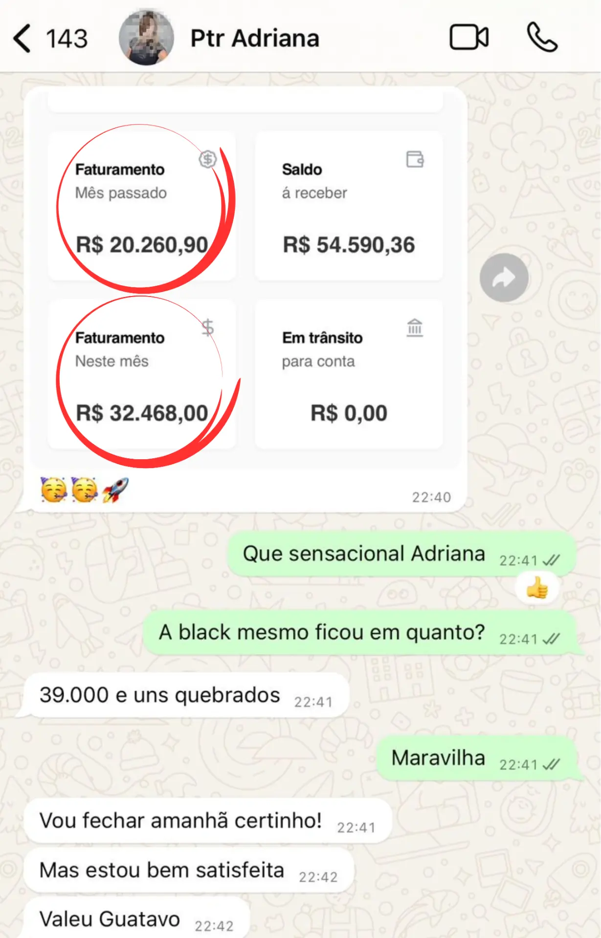 Print de conversa com faturamento de R$ 32.468,00 no mês e Black Friday de R$ 39 mil