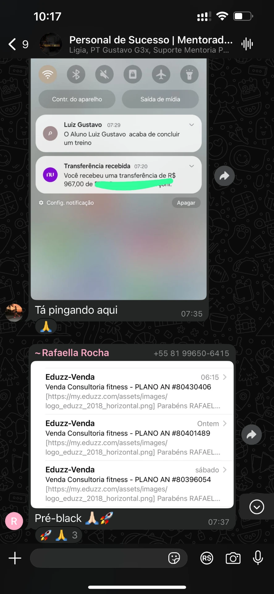 Print de transferência recebida e vendas na pré-black