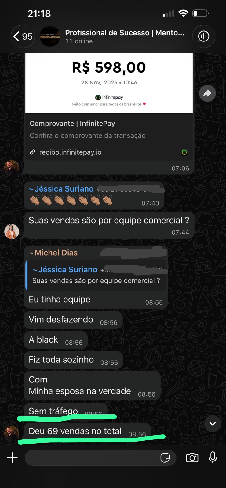 Print de conversa no WhatsApp mostrando 69 vendas sem tráfego pago na Black Friday